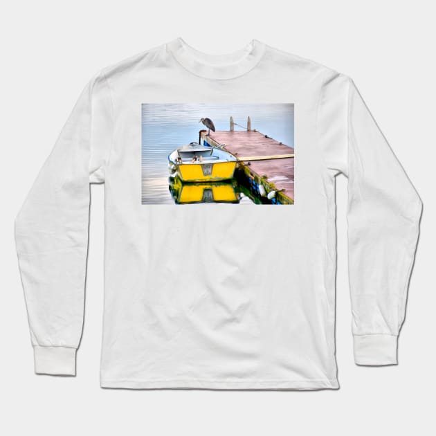 Yellow Skiff and Great Blue Herson on Lopez Island Long Sleeve T-Shirt by SeaChangeDesign